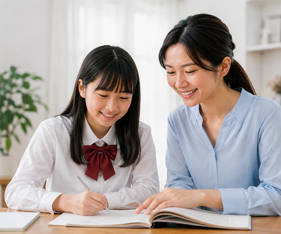 家庭教師の指導を受けている女子学生