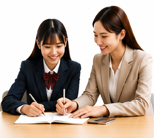 女子生徒と講師が一緒にノートに書き込んでいる様子