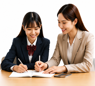 家庭教師と生徒が机に向かって体験授業をしている様子