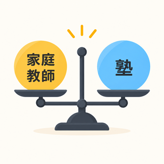 家庭教師と塾を天秤で比べるイラスト