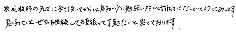 家庭教師の先生に来て頂いてからは息子が少し勉強に対して前向きになっているようにあります。息子にはぜひ継続して頑張って頂きたいと思っております。